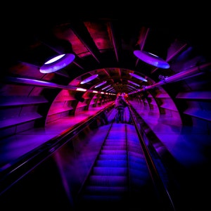Belgium, Brussels, stairs inside of the Atomium leading lines in blue and red - Museum-Quality Matte Paper Poster