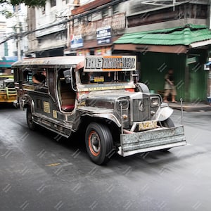 Philippines, Manila, Jeepney riding the road in Manila, public transport, taxi, cool cars, Premium Matte Paper Poster
