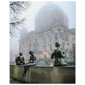 Berlin Germany, The Berlin Cathedral in autumn haze, Berliner Dom, Three Girls One Boy Statue,  Museum-Quality Matte Paper Poster