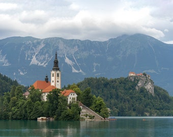 Lake Bled Slovenia, Bled Lake, The Assumption of Mary Church with a Bled Castle at the background  - Museum-Quality Matte Paper Poster