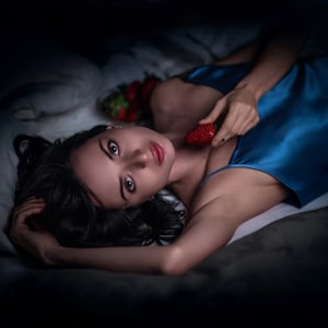 A Woman in Blue Nightshirt with Strawberry Museum-Quality Matte Paper Poster, boudoir wall art, lingerie boudoir, boudoir photos