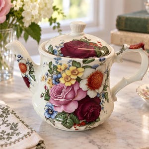 May include: A cream-colored ceramic teapot featuring a vibrant floral pattern with large pink and deep red roses, yellow blossoms, and small blue flowers. The teapot has a matching lid with a knob handle, a curved spout, and a decorative handle.