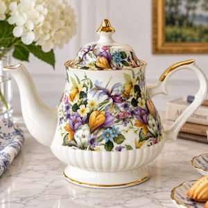 Puede incluir: Una tetera de porcelana blanca con un vibrante estampado floral de azafranes morados, amarillos y azules con hojas verdes. La tetera tiene una base acanalada, una tapa a juego con un remate dorado y bordes dorados en el asa y el pico.