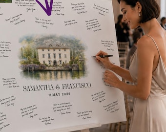Wedding Guest Book Alternative Canvas, Custom Venue Watercolor Illustration, Sign-In Board, Personalized Wedding Sign