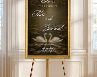 Heirloom Swans Wedding Welcome Sign, Old Money Wedding Decor, Custom Couple Last Name Sign, Vintage Ornate Gold Frame