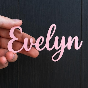 May include: A pink, cursive-style name cutout that reads "Evelyn." The name is held in a hand against a dark background. The cutout is made of a solid, opaque material.