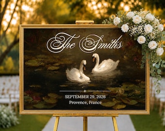 Swan Wedding Welcome Sign, Vintage Oil Painting Wedding Sign, Luxury Personalized Wedding Welcome Canvas, Framed Wedding Sign