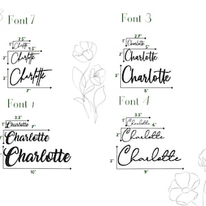 Op de afbeelding: Vier verschillende lettertypen voor de naam "Charlotte" worden getoond met metingen in inches. De lettertypen worden in zwart op een witte achtergrond weergegeven.