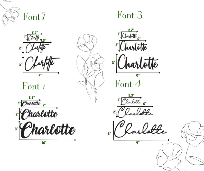 Op de afbeelding: Vier verschillende lettertypen voor de naam "Charlotte" worden getoond met metingen in inches. De lettertypen worden in zwart op een witte achtergrond weergegeven.