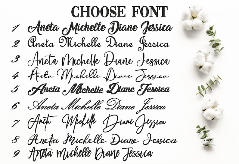 Op de afbeelding: Negen verschillende lettertypen voor de namen Aneta, Michelle, Diane en Jessica. De lettertypen zijn genummerd van 1 tot en met 9. CHOOSE FONT staat bovenaan de afbeelding.