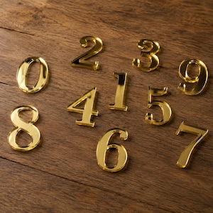 May include: A collection of ten individual gold-colored numerals ranging from zero to nine, each featuring a reflective, smooth surface and a classic serif font style, arranged in a scattered formation across the frame for display.