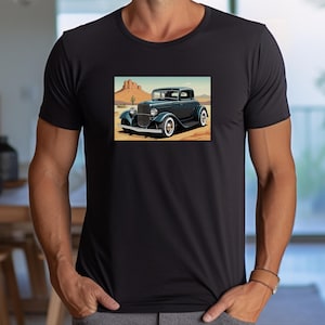 1932 Ford Coupe Graphic TShirt - 32 Deuce Coupe Hot Rod Shirt - Desert Landscape Muscle Car Tee - Retro Vintage - Unisex Cotton Apparel