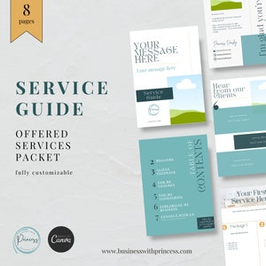 Puede incluir: Una guía de servicio azul verdoso con el texto "SERVICE GUIDE" en azul verdoso oscuro. La guía es para servicios ofrecidos y es totalmente personalizable. El texto "YOUR MESSAGE HERE" está en una página separada con un fondo de paisaje verde y blanco. El texto "Hear from our clients" está en una página separada con un fondo azul verdoso. El texto "TABLE OF CONTENTS" está en una página separada con un fondo azul verdoso. El texto "Your First Service Here" está en una página separada con un fondo blanco.