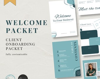 May include: A teal and white welcome packet for onboarding new clients. The packet includes a table of contents with six sections: Welcome, Client Feedback, Meet the Team, Project Timeline, Connect with Us, and Client Love. The packet is fully customizable.