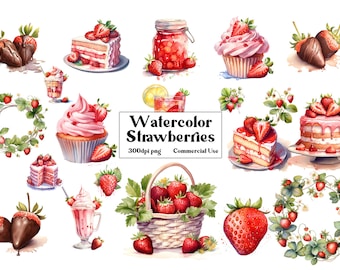 Watercolor Strawberries Clipart - digital png strawberry, cupcake, shortcake, wild strawberries graphics for instant download commercial use