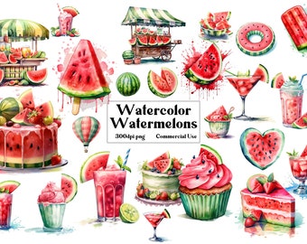 Watercolor Watermelons Clipart - digital png watermelon, cupcake, shortcake, wild watermelon graphics for instant download commercial use
