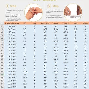May include: A chart showing how to measure ring size at home using a strip of paper or thread. The chart includes ring sizes in millimeters, US, UK, Germany, Spain, France, Italy, and Japan.