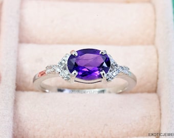 Natural Amethyst Ring in Sterling Silver, Oval Purple Amethyst Statement Ring, Gemstone Solitaire Ring, Elegant Amethyst Ring, Gift Rings
