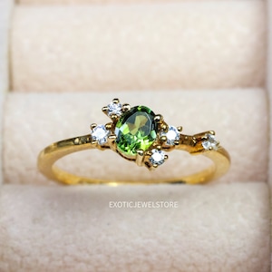 Green Tourmaline Ring, Round Cut Tourmaline, Engagement Ring for Women, October Birthstone Ring, Promise Gift Ring, Statement Ring for Her