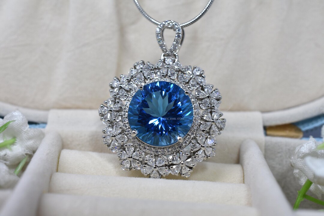 Blue Topaz Halo Pendant Necklace | Handmade Sterling Silver | December ...