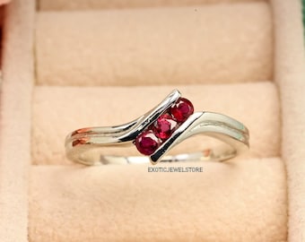 Natural Red Ruby Promise Ring, Round Ruby Silver Wedding Ring, Statement Ring for Women, July Birthstone, Anniversary Gift for Her, Jewelry