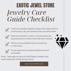 May include: A checklist with four checkboxes and a diamond graphic. The checklist provides tips for caring for jewelry, including cleaning, storage, and avoiding exposure to moisture. The text reads "Jewelry Care Guide Checklist".