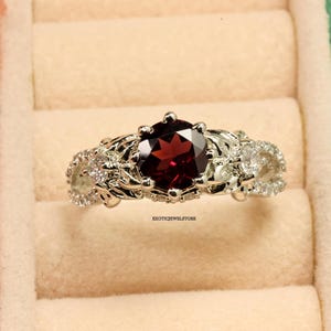 1.5 carat Red Garnet Silver Wedding Ring, Round Gemstone Promise Ring for Women, Handmade Anniversary Gifts, Romantic Gift for Girlfriend