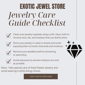 Op de afbeelding: Een checklist voor sieradenverzorging met de tekst "EXOTIC JEWEL STORE" bovenaan. De checklist bevat tips over reiniging, opslag en het vermijden van vocht. Rechts staat een diamantafbeelding en een knop met de tekst "BEZOEK ONZE WINKEL NU".