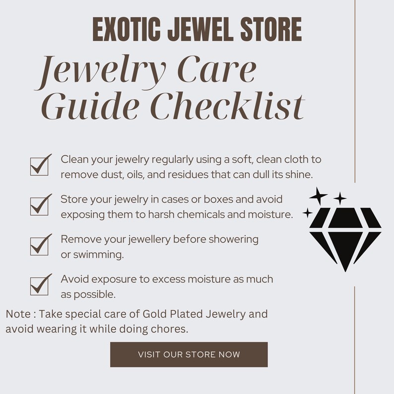 Op de afbeelding: Een checklist voor sieradenverzorging met de tekst "EXOTIC JEWEL STORE" bovenaan. De checklist bevat tips over reiniging, opslag en het vermijden van vocht. Rechts staat een diamantafbeelding en een knop met de tekst "BEZOEK ONZE WINKEL NU".
