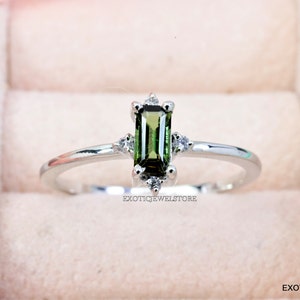 Solitaire Tourmaline Ring, Baguette Engagement Ring for Women, Natural Green Gemstone Ring, Handmade Jewelry, Promise Gift Ring for Girls