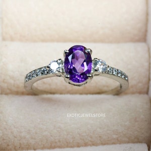 Purple amethyst ring round cut February birthstone ring sterling silver wedding ring for her dainty rings