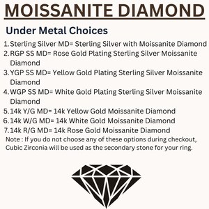 May include: A graphic showing different metal choices for a moissanite diamond ring. The options include sterling silver, rose gold plating, yellow gold plating, white gold plating, 14k yellow gold, 14k white gold, and 14k rose gold. The text states that if no metal choice is selected, cubic zirconia will be used as the secondary stone.