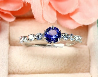 Genuine Tanzanite Sterling Silver Ring, Round Cut Gemstone Jewelry, Anniversary Gift Ring, Statement Ring for Her, Unique Gifts for Girls