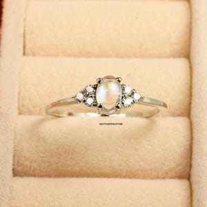 Natural Rainbow Moonstone Cabochon Solitaire Ring – Sterling Silver Engagement, Promise, or Anniversary Gift for Her, June Birthstone Ring