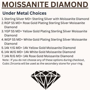 Op de afbeelding: Afbeelding met de tekst "MOISSANITE DIAMOND" en een lijst met metaalkeuze voor sieraden, waaronder sterling zilver, ros&eacute;goud, geelgoud en witgoud. Een diamantafbeelding staat onderaan.