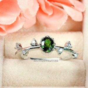 925 Sterling Silver Deep Green Tourmaline Ring- Solid Gold Gemstone Engagement Ring- Women Oval Solitaire Ring- Dainty Crystal Gem Ring