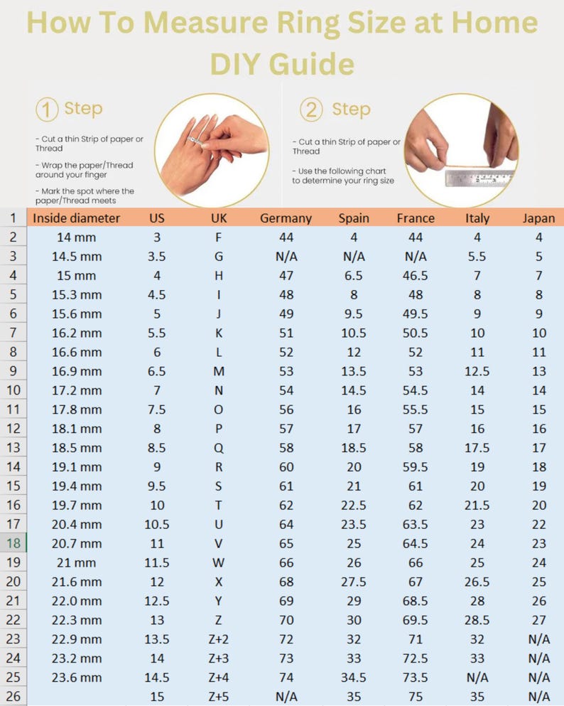 Op de afbeelding: Een gids getiteld "How To Measure Ring Size at Home DIY Guide" met instructies en een ringmatenconversietabel. De tabel bevat metingen in millimeters, VS, VK, Duitsland, Spanje, Frankrijk, Itali&euml; en Japan.