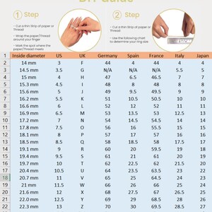 May include: A chart showing how to measure ring size at home using a strip of paper or thread. The chart includes ring sizes in millimeters, US, UK, Germany, Spain, France, Italy, and Japan.