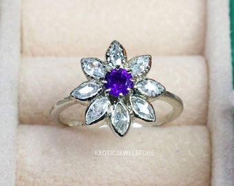 Ronde amethist sterlingzilveren ring, zirkoniabloem, geboortesteen februari