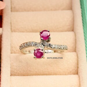 2 Stone Red Ruby Ring, Natural Ruby Engagement Ring, July Birthstone, Round Ruby Gemstone Ring, Anniversary Promise Gift Ring for Her, Gifts
