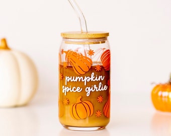 Pumpkin Spice Girlie Iced Coffee Glass Cup with Bamboo Lid & Straw