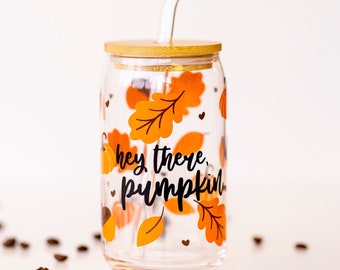 Pumpkin Spice Iced Coffee Cup - Fall Theme Libbey Glass with Bamboo Lid & Glass Straw