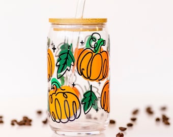 Pumpkin Iced Coffee Glass Cup with Bamboo Lid & Straw - 16oz Fall Tumbler