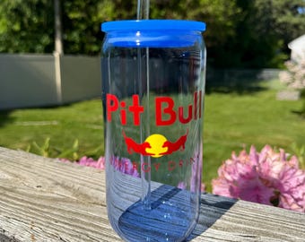 Pit Bull Energy Drink Can Glass: 16oz Libbey Cup with Lid & Straw