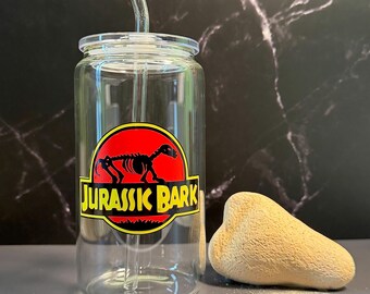 Jurassic Bark Iced Coffee Cup: 16oz Beer Can Glass with Lid & Straw