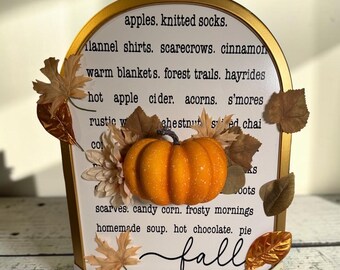 Fall Pumpkin Art Wall Decor | Autumn Leaves Wall Art | 3D Seasonal Decor | Gold Arch Frame
