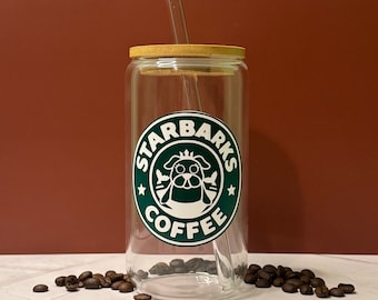 Starbarks Iced Coffee Glass: 16oz Beer Can Tumbler with Bamboo Lid & Glass Straw