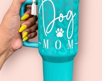 Dog Mom Tumbler: 40oz Teal Leopard Print Stainless Steel Water Bottle