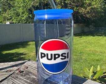 Pepsi Can Glass: 16oz Libbey Cup with Lid & Straw