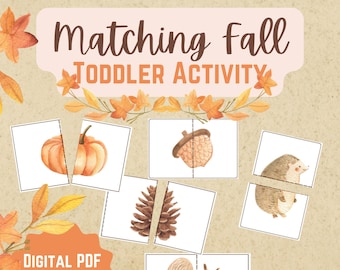 May include: Printable digital PDF download of a matching game for toddlers featuring autumn-themed images like pumpkins, acorns, pinecones, hedgehogs, and squirrels. The text "Matching Fall Toddler Activity" is at the top of the page.